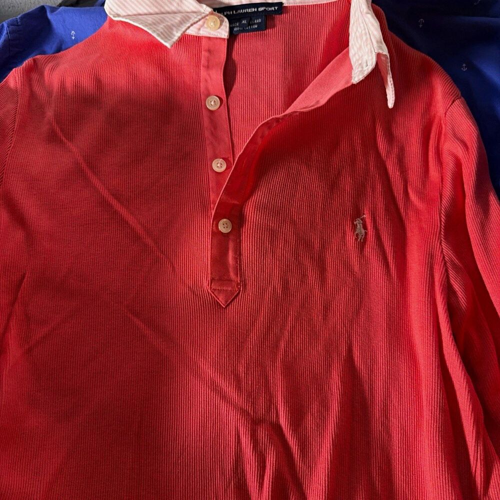 Ralph Lauren Sport Women XL Red Solid 100% Cotton Long Sleeve Polo Logo Collar